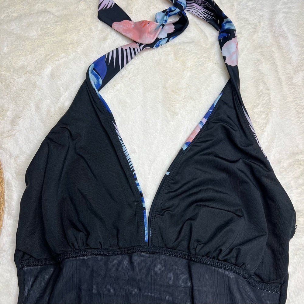 DKNY Halter Shirred One Piece Swimsuit With Tropical Floral Print - Picture 6 of 8